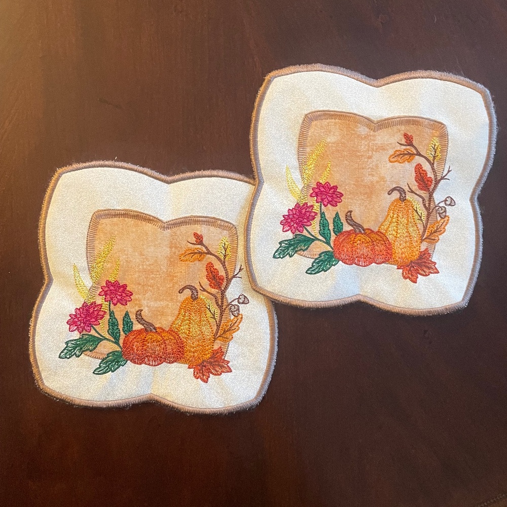 Handcrafted Fall or Thanksgiving embroidered trivet. Set of two.